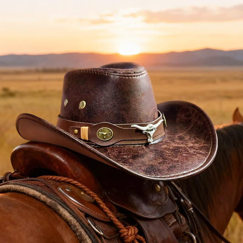 Cracked Leather Western Cowboy Hat with Steer Head Buckle Retro Rodeo Cap for Men Women Unisex Trendy Ranch Party & Outdoor Outfits Adjustable Fit Vintage Distressed Texture