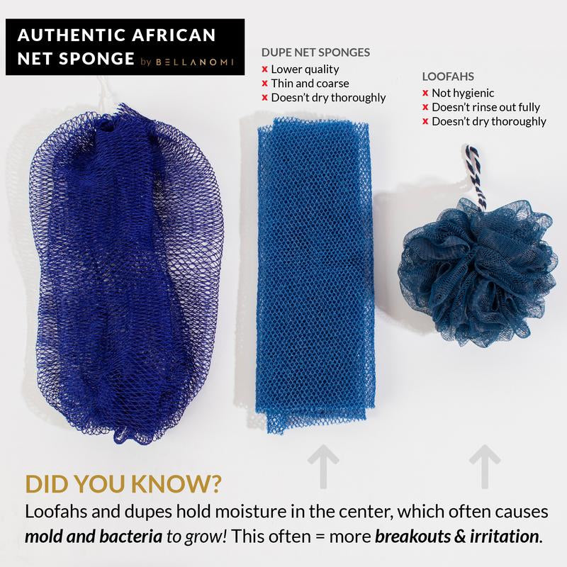 Bellanomi 2 Pack African Exfoliating Net Sponge Ethically Sourced from Nigeria Lightweight Hypoallergenic Bath Sponge for Smooth Skin