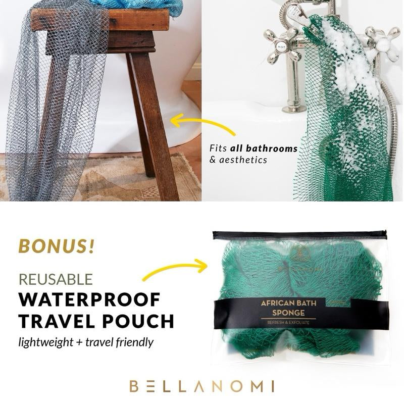 Bellanomi 2 Pack African Exfoliating Net Sponge Ethically Sourced from Nigeria Lightweight Hypoallergenic Bath Sponge for Smooth Skin