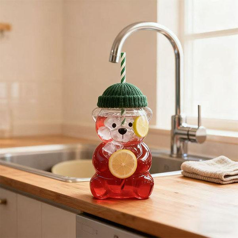 Holiday Bear Glass Cup with Straw, Cute Bear Cold Drink Cup, Festive Coffee & Beverage Glass, Adorable Bear Cup with Green Hat Lid, 2025 Seasonal Drinkware