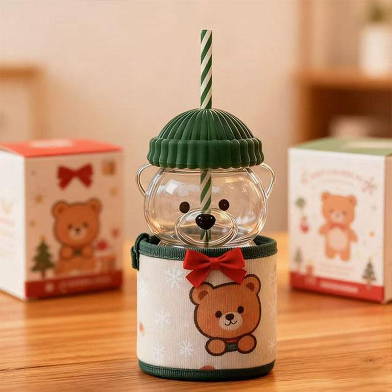 Holiday Bear Glass Cup with Straw, Cute Bear Cold Drink Cup, Festive Coffee & Beverage Glass, Adorable Bear Cup with Green Hat Lid, 2025 Seasonal Drinkware