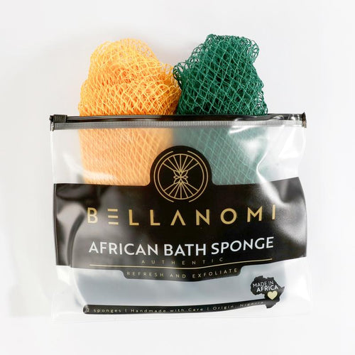 Bellanomi 2 Pack African Exfoliating Net Sponge Ethically Sourced from Nigeria Lightweight Hypoallergenic Bath Sponge for Smooth Skin
