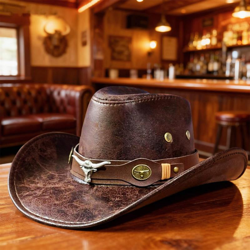 Cracked Leather Western Cowboy Hat with Steer Head Buckle Retro Rodeo Cap for Men Women Unisex Trendy Ranch Party & Outdoor Outfits Adjustable Fit Vintage Distressed Texture