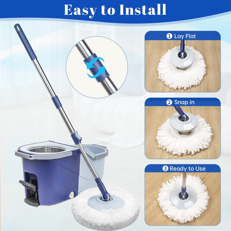Microfiber Spin Mop and Bucket Set Spin Mop Bucket System with Microfiber Mop Replacement Heads Adjustable Handle and 1 Brush Head for Floor Cleaning