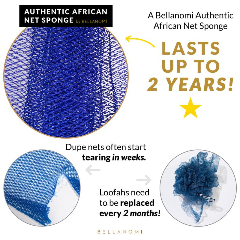 Bellanomi 2 Pack African Exfoliating Net Sponge Ethically Sourced from Nigeria Lightweight Hypoallergenic Bath Sponge for Smooth Skin