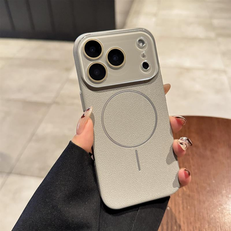 Litchi Pattern Leather Texture Magnetic Adhesive Case for Iphone 17 Pro Max/16/15/14/13 Transparent Mirror Surface Shock Protection Ultra-Thin Wireless Black Smartphone Protective