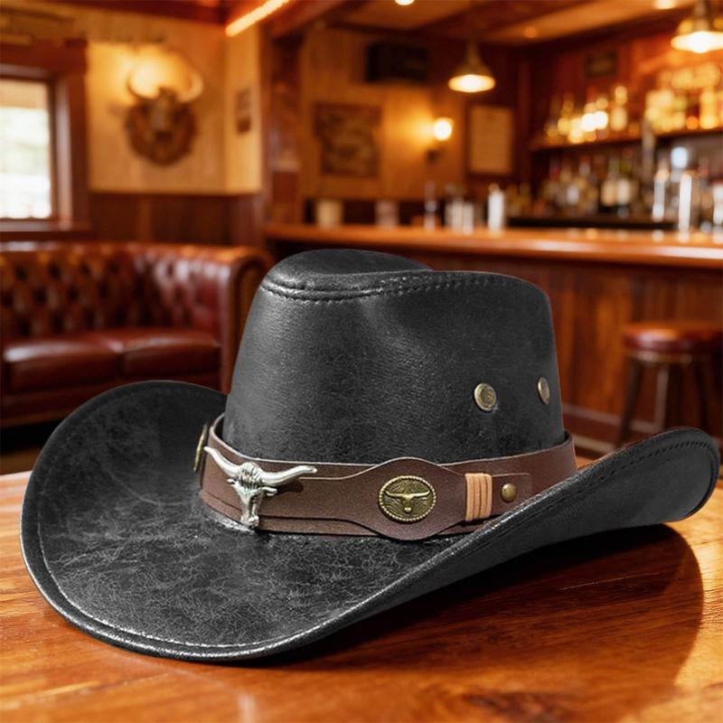 Cracked Leather Western Cowboy Hat with Steer Head Buckle Retro Rodeo Cap for Men Women Unisex Trendy Ranch Party & Outdoor Outfits Adjustable Fit Vintage Distressed Texture